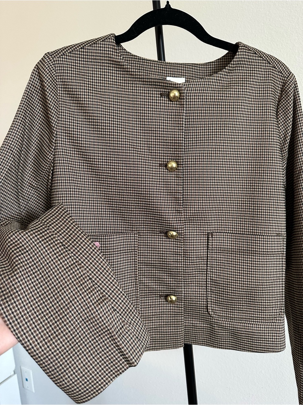 a new day Brown Houndstooth Cropped Blazer with Gold Buttons